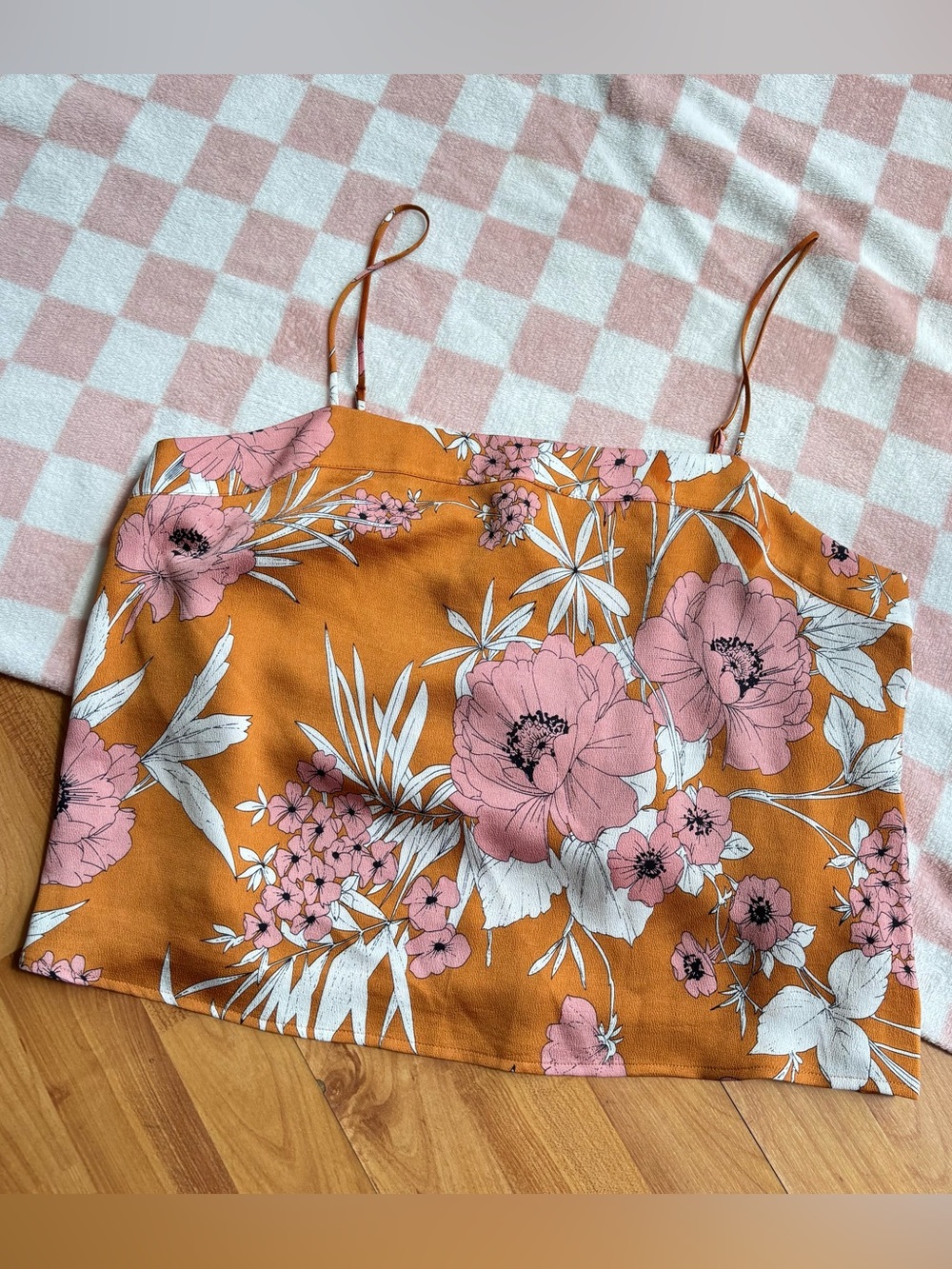 Express Mustard Floral Spaghetti-Strap Crop Top with Pink Blooms